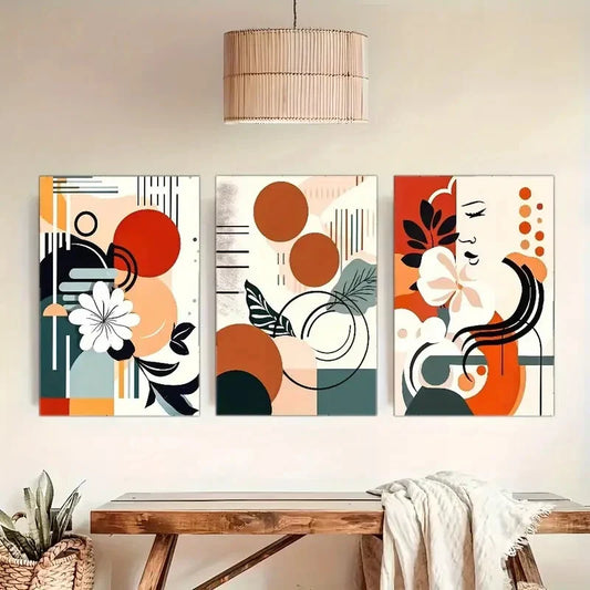 3pcs Vibrant Geometric & Floral Designs Metal Print Ready to Hang Art