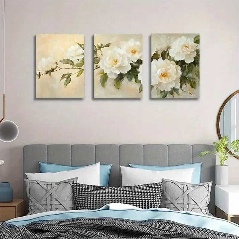 3pcs Elegant White Peony Floral Canvas Wall Art Metal Print Ready to Hang Art