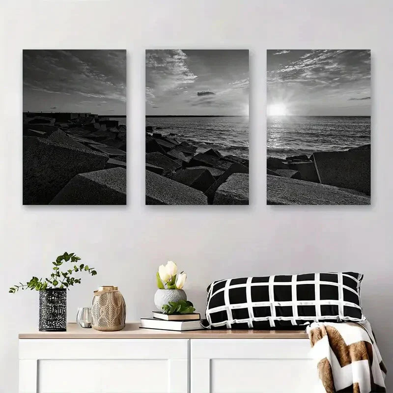 3pcs Black and White Coastal Sunset Geometric Metal Print Ready to Hang Art