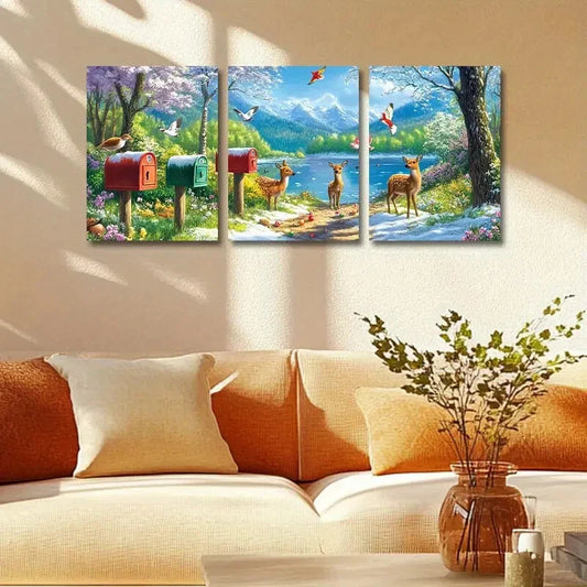 3pcs Springtime Nature Scene with Deer & Birds Metal Print Ready to Hang Art