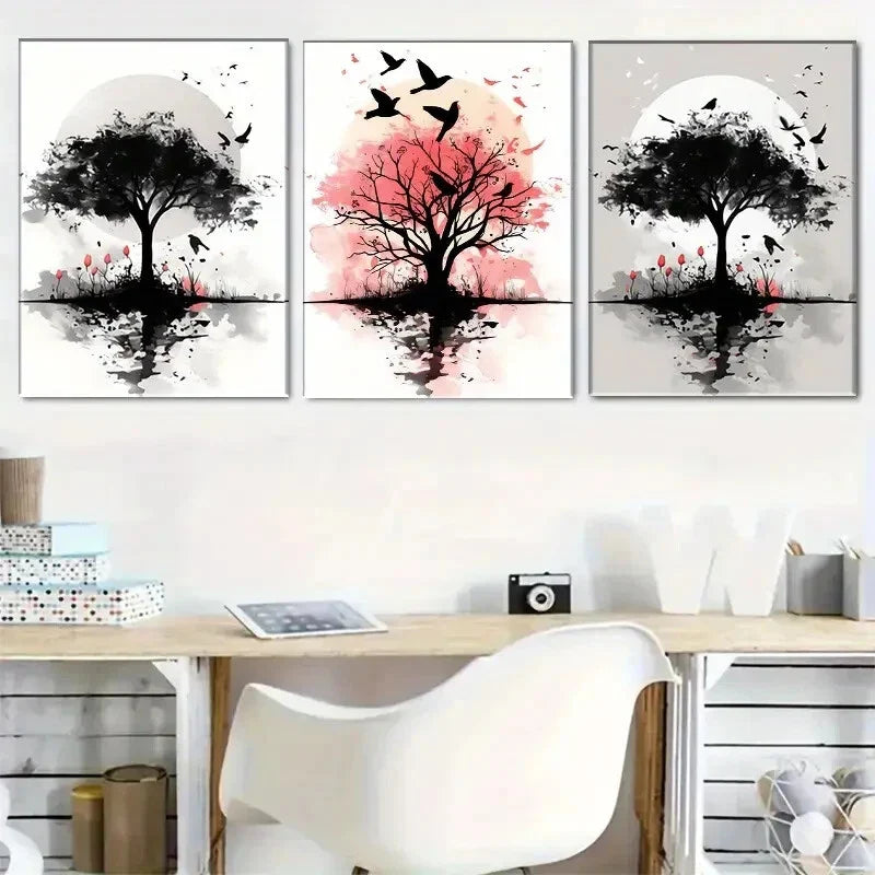 3pcs Black And White Tree Art with Pink Accents Metal Print Ready to Hang Art