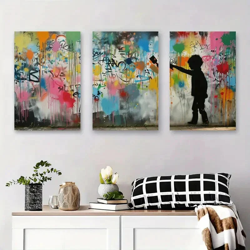 3pcs Colorful Graffiti Girl Abstract Street Metal Print Ready to Hang Art