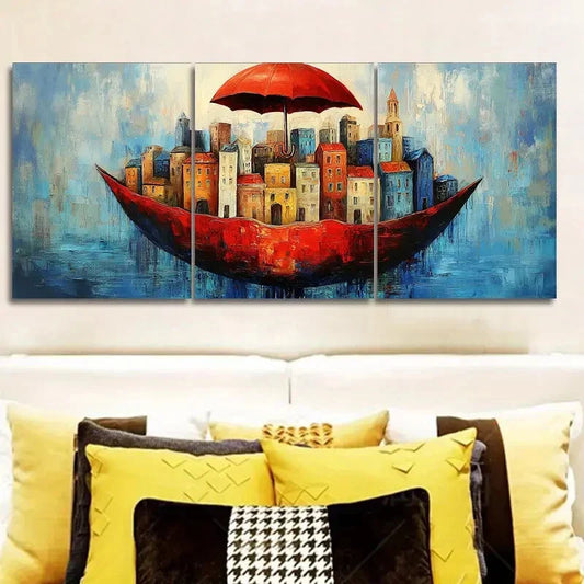 3pcs City view under a red umbrella Wall Art Set Canvas Framed 40x60cm - High Quality Print 100% Australian Made Wall Canvas Ready to Hang