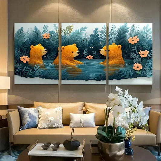 3pcs Baby Bear Jungle Playful Bathtub Scene Design Metal Print Ready to Hang Art