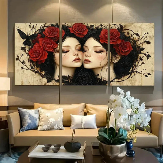 3pcs Gothic Twin Girls with Roses Metal Print Ready to Hang Art