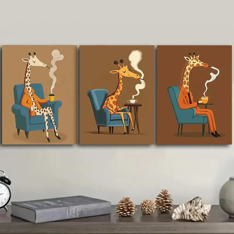 3pcs The giraffe is on the chair Wall Art Set Canvas Framed 40x60cm - High Quality Print 100% Australian Made Wall Canvas Ready to Hang