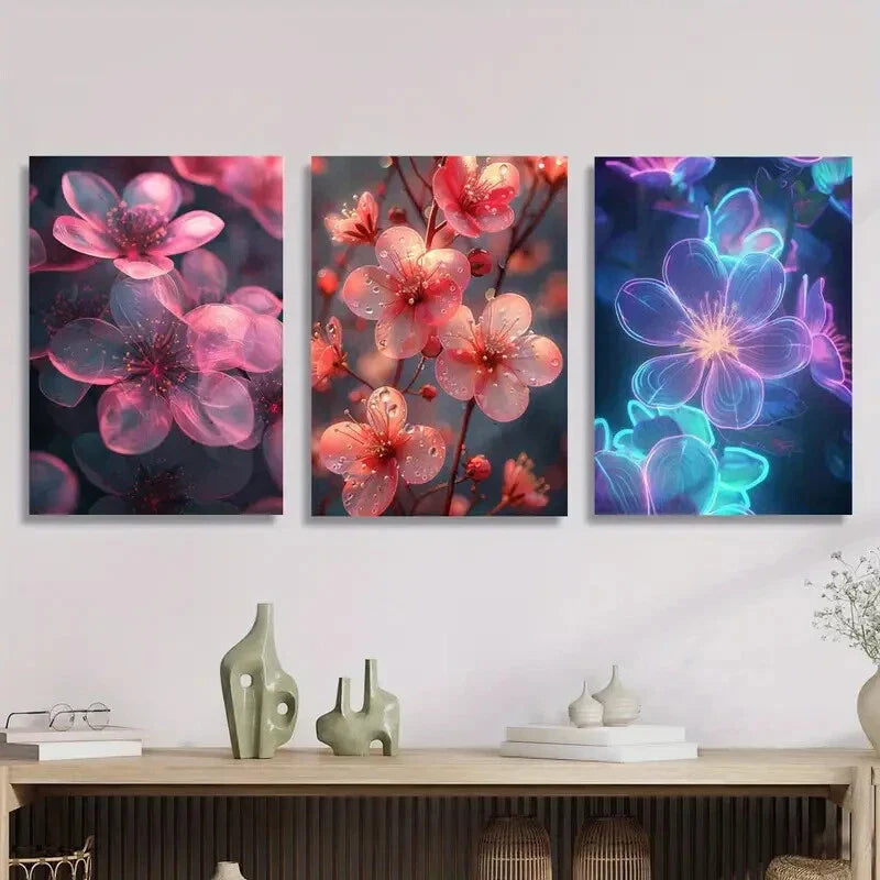 3pcs Pink & Purple Flowers on Dark Background Metal Print Ready to Hang Art