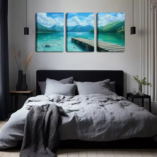 3pcs Green Lake And Wooden Bridge, Wall Art Set Canvas Framed 40x60cm - High Quality Print 100% Australian Made Wall Canvas Ready to Hang