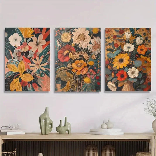 3pcs bohemian vintage wildflowers, Metal Print Ready to Hang Art