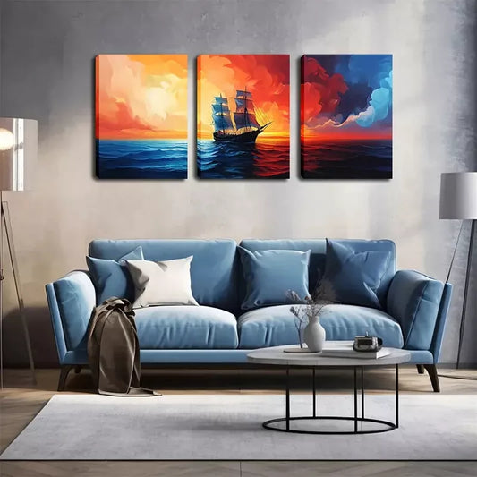 3pcs A Sailboat Sailing On The Sea, Wall Art Set Canvas Framed 40x60cm - High Quality Print 100% Australian Made Wall Canvas Ready to Hang