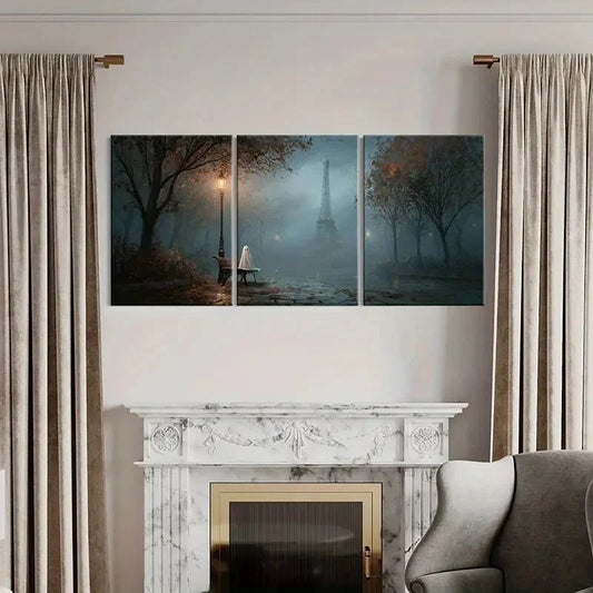 3pcs Ghostly Figure Autumn Trees Foggy Night Metal Print Ready to Hang Art