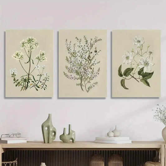 3pcs botanical art painting, retro flowers Metal Print Ready to Hang Art