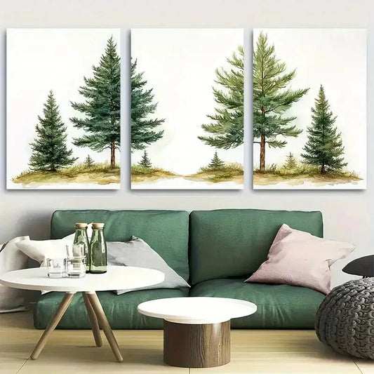 3pcs Pine Trees Watercolor Green Nature Metal Print Ready to Hang Art
