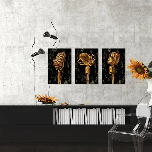 3pcs Golden Metal Microphone Metal Print Ready to Hang Art