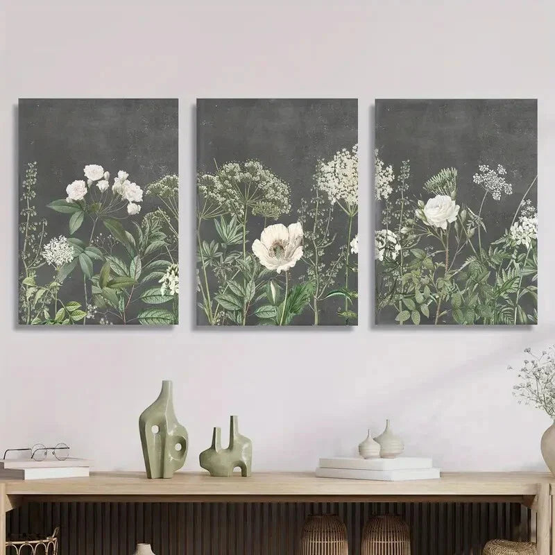 3pcs Vintage Garden Floral Artwork, Art Deco Wall Art Set Canvas Framed 40x60cm - High Quality Print 100% Australian Made Wall Canvas Ready to Hang