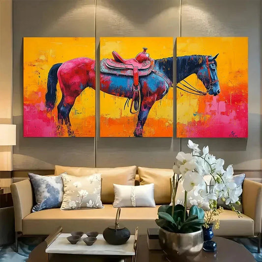 3pcs Cowboy Saddle with Bright Colors Design Metal Print Ready to Hang Art