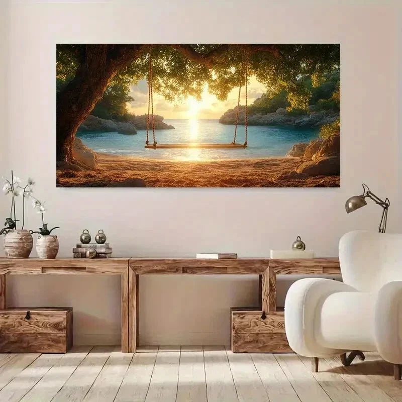 Beach Swing Gold Sunset wall canvas office home room framed 80x45cm