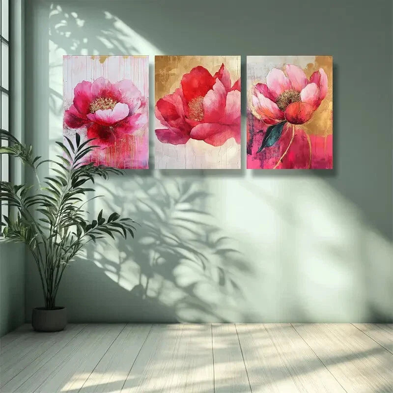 3pcs Pink peony flower Music Metal Print Ready to Hang Art