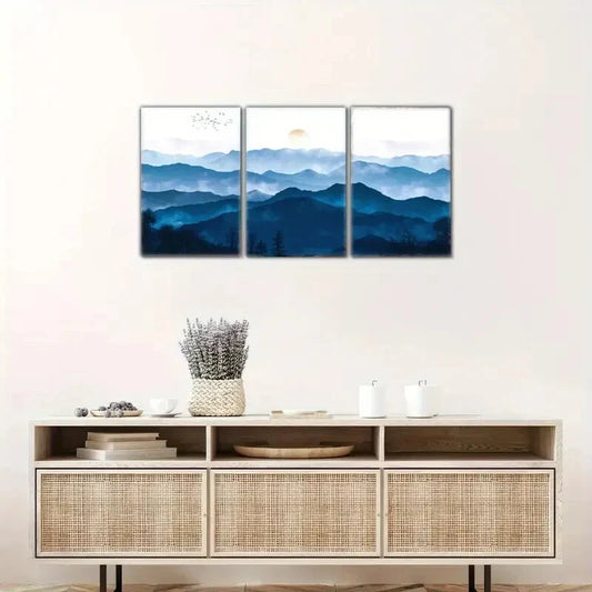 3pcs Distant Mountains and Clouds Blue Mountains Metal Print Ready to Hang Art