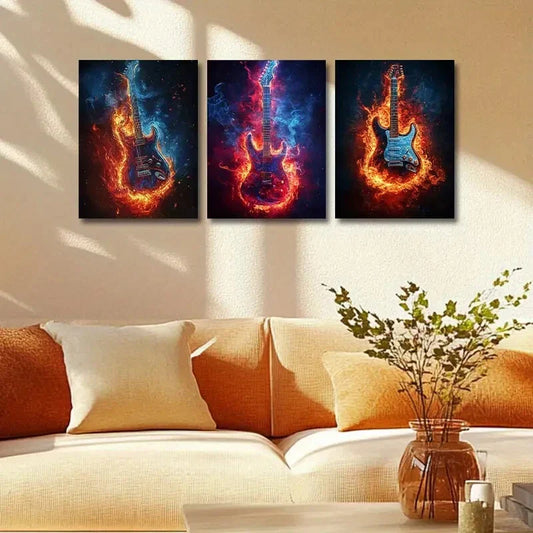3pcs Vibrant Blue & Orange Electric Guitars Metal Print Ready to Hang Art