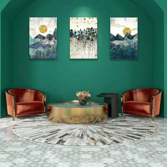 3pcs Abstract Painting Golden Sun Geometric Mountain Canvas Framed 40x60cm - High Quality Print 100% Australian Made Wall Canvas Ready to Hang