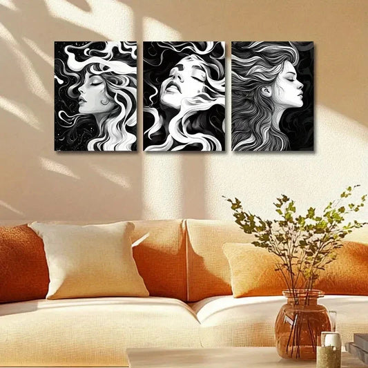 3pcs Modern Black and White Woman Design Metal Print Ready to Hang Art