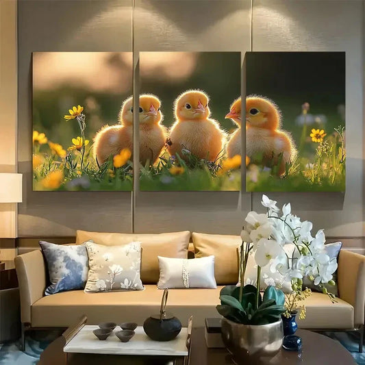 3pcs Yellow Baby Chicks and Wildflowers Metal Print Ready to Hang Art