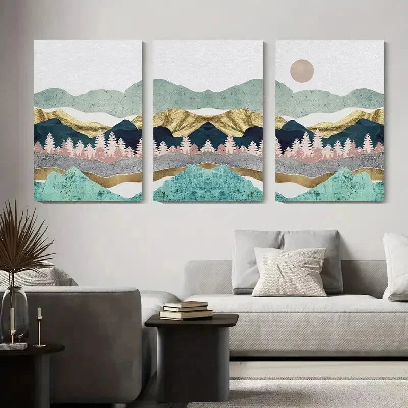 3pcs Abstract Mountain & Forest Golden Accents Metal Print Ready to Hang Art