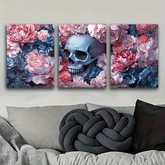 3pcs Blue Flower Skull Floral Skeleton Metal Print Ready to Hang Art