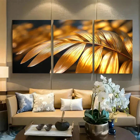 3pcs Golden Palm Leaf Design Metal Print Ready to Hang Art