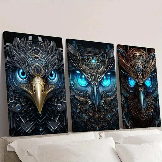 3pcs Abstract Retro Owl Mechanical Wildlife Wall Art Set Canvas Framed 40x60cm - High Quality Print 100% Australian Made Wall Canvas Ready to Hang
