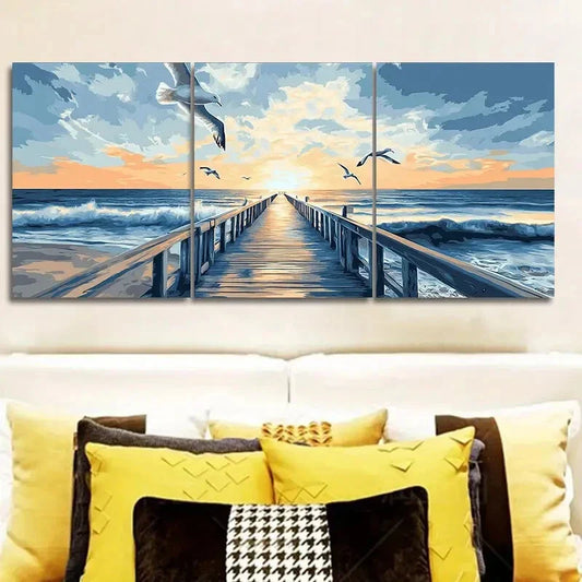 3pcs Seagulls Harbor Sunset Canvas Wall Art Metal Print Ready to Hang Art