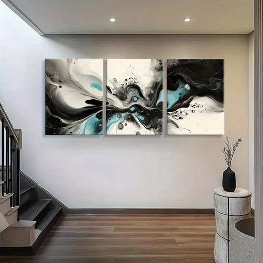 3pcs Black and White Abstract Turquoise Swirls Metal Print Ready to Hang Art