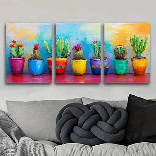 3pcs Cactus in colorful flower POTS Metal Print Ready to Hang Art