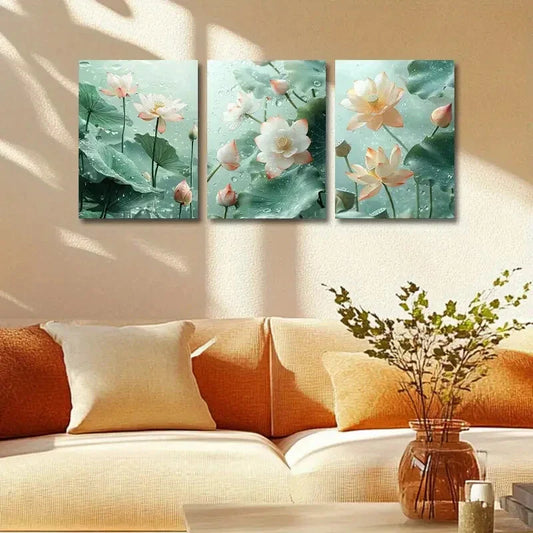 3pcs Serene Pink & White Lotus Blossoms in Water Metal Print Ready to Hang Art