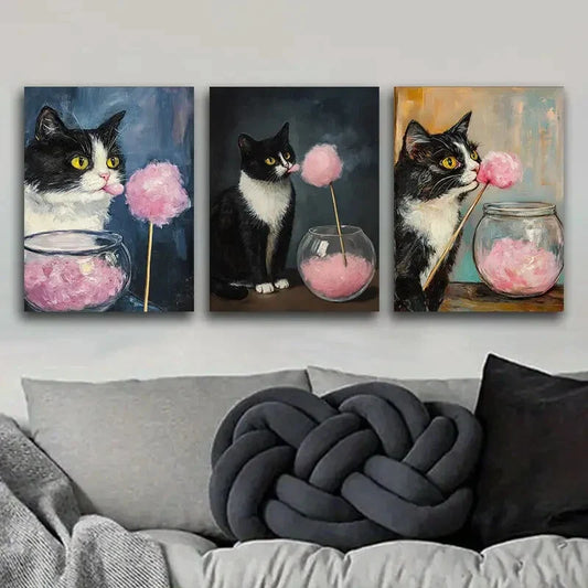 3pcs Kitty Eating Marshmallows Metal Print Ready to Hang Art