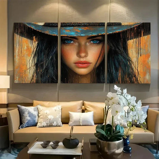 3pcs Brunette Western Woman Portrait Dripping Metal Print Ready to Hang Art
