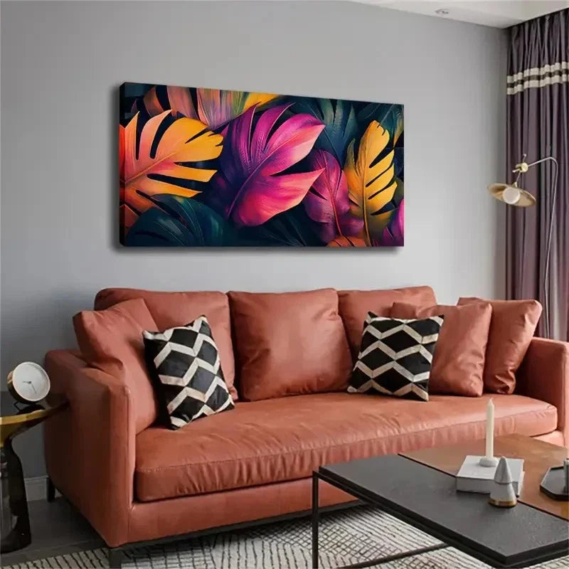 Colorful Mons tera & Palm Leaf Wall Art Canvas Office Home Room Framed 120x60cm