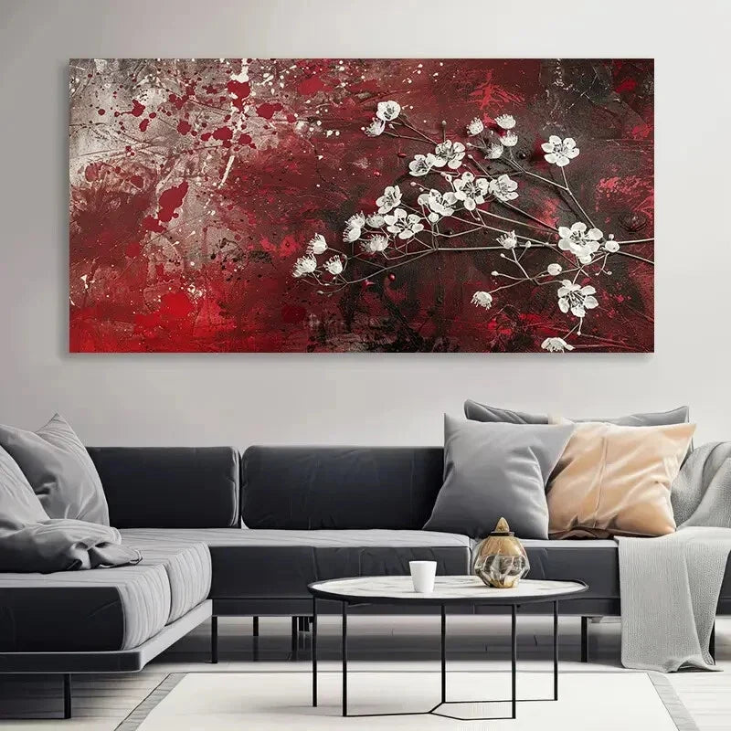 White Flowers on Red Wall Art wall canvas office home room framed 120x60cm