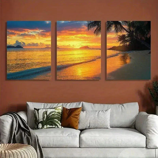 3pcs Tropical Beach Sunset with Palm Trees Metal Print Ready to Hang Art