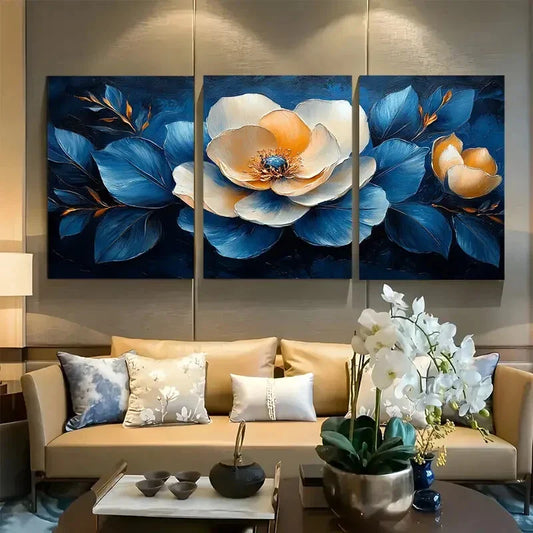 3pcs Elegant Floral Blue and Beige Petals Metal Print Ready to Hang Art
