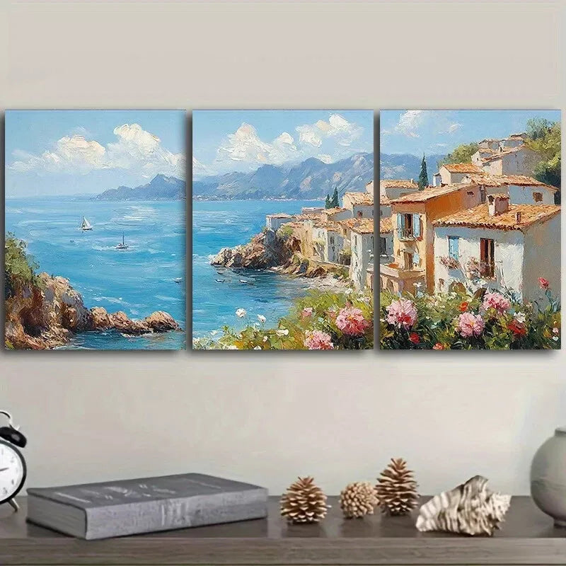 3pcs Coastal Village Nature Wall Art Set Canvas Framed 40x60cm - High Quality Print 100% Australian Made Wall Canvas Ready to Hang
