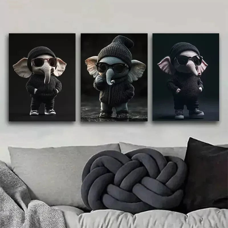 3pcs Cool Elephant with knitted hat and sunglass Wall Art Set Canvas Framed 40x60cm - High Quality Print 100% Australian Made Wall Canvas Ready to Hang