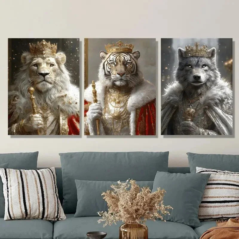 3pcs Wearing Robes And Crowns, Animal Portrait Metal Print Ready to Hang Art