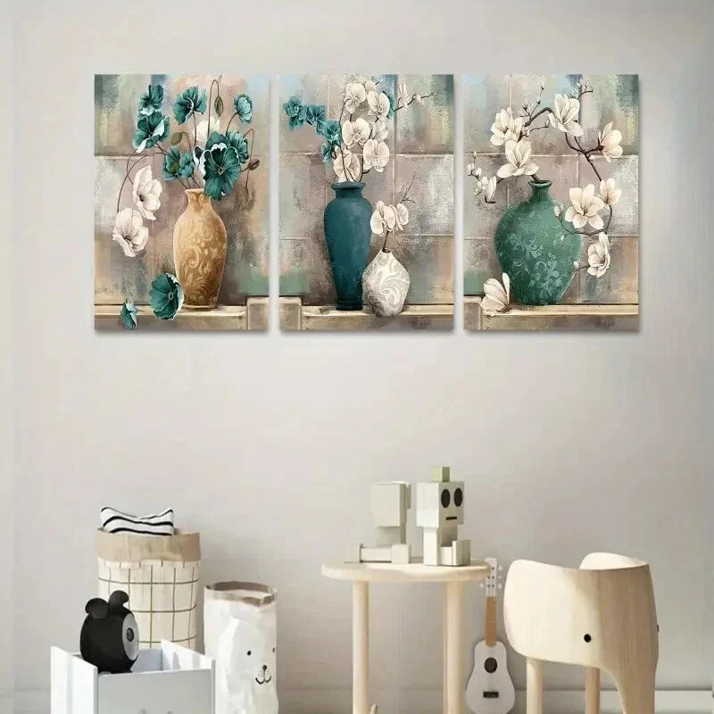 3pcs Magnolia & Orchid with Elegant Vase Metal Print Ready to Hang Art