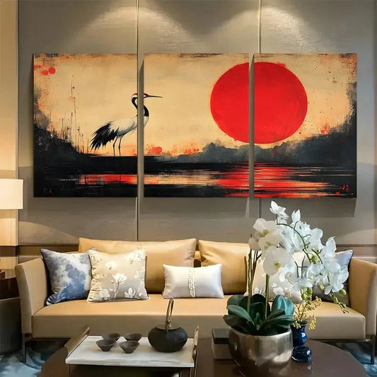 3pcs Japanese Crane Traditional Sumi e Design Metal Print Ready to Hang Art