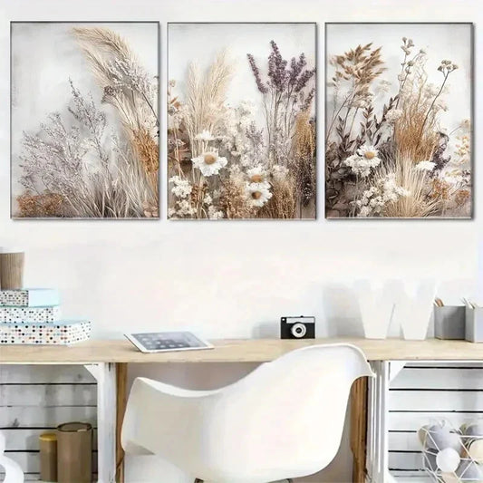 3pcs Elegant Three-Panel Dried Flowers Canvas Art Metal Print Ready to Hang Art