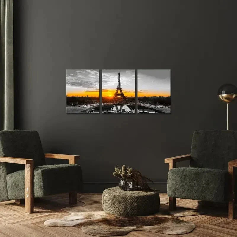 3pcs Black and White Eiffel Tower at Gold Sunrise Metal Print Ready to Hang Art