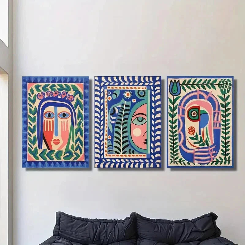 3pcs Art Deco Folk Abstract Face Wall Art Set Canvas Framed 40x60cm - High Quality Print 100% Australian Made Wall Canvas Ready to Hang
