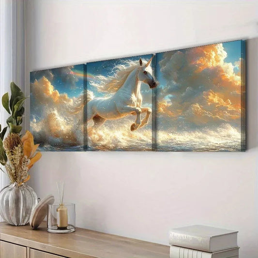 3pcs Rainbow Unicorn Sky Clouds Nature Wall Art Set Canvas Framed 40x60cm - High Quality Print 100% Australian Made Wall Canvas Ready to Hang